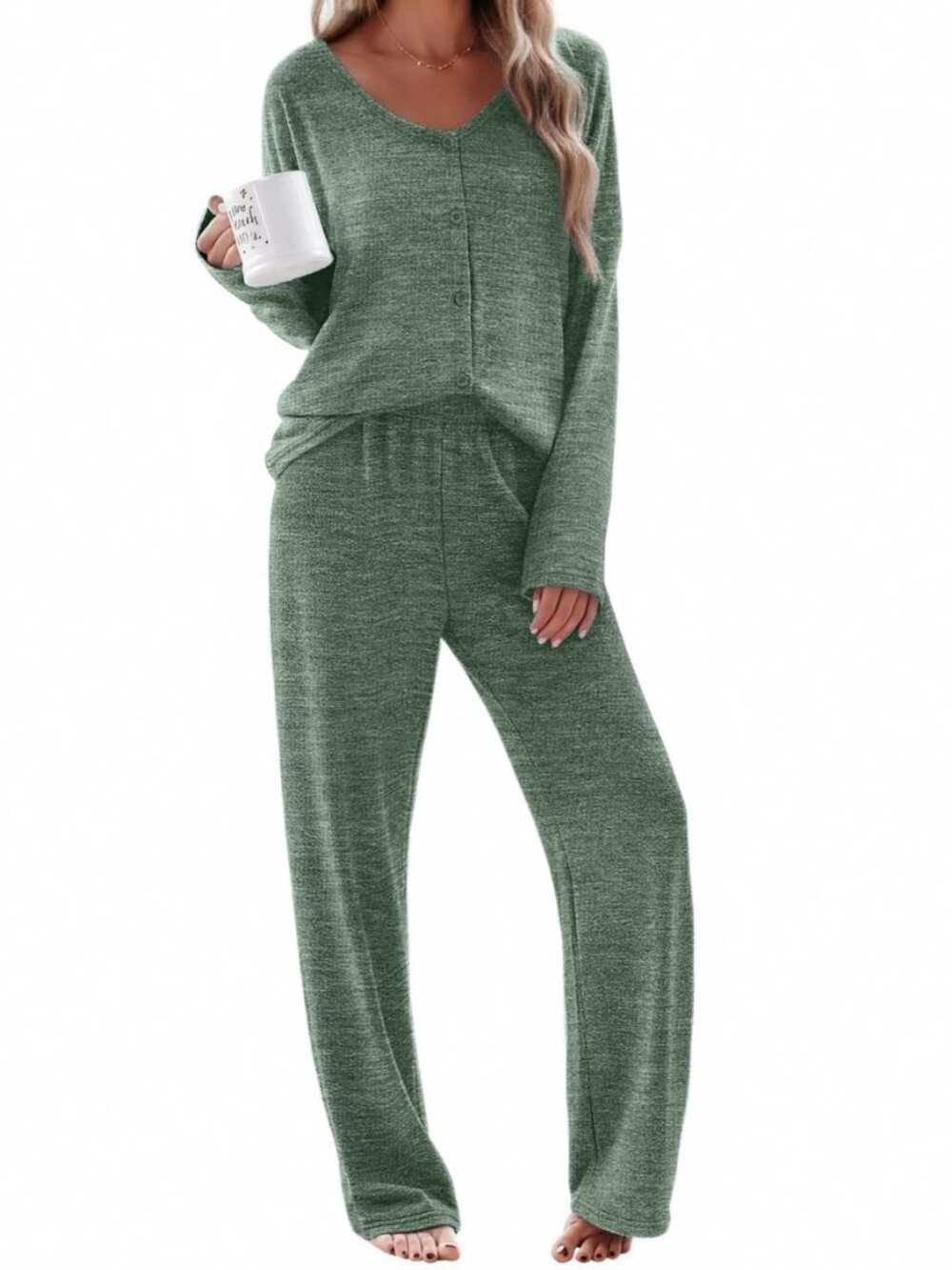 Womens Pajama Sets Button Up Long Sleeve Lounge Set Soft V Neck Pj